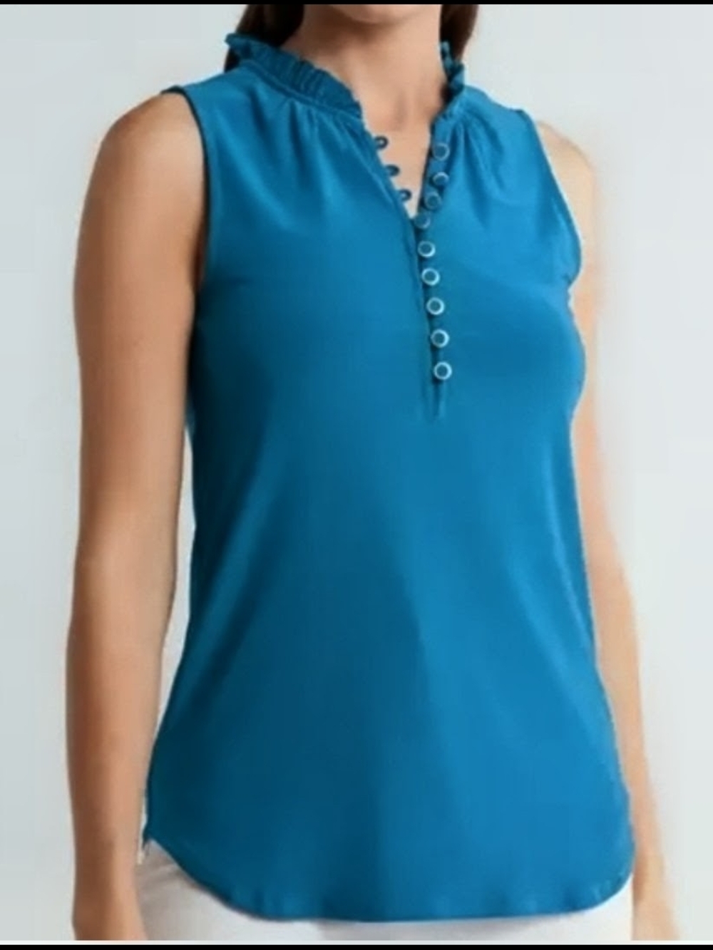 Elie Tahari Teal Ruffle-Neck Tank Size M - Picture 6 of 11
